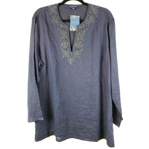 Lands End Linen Beaded Navy Blue Tunic Top size XL